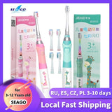 SEAGO Children Electric Sonic Toothbrush Powered Waterproof for 3-12 Ages Kids LED Light Smart Timer with Replacement Brush Head